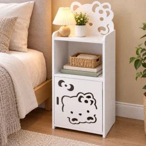 SS ARTS White Three-Tier Side Table with Door Storage – 45-degree lifestyle hero