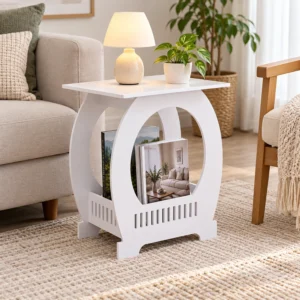 SS ARTS White Magazine Storage Side Table – 45-degree lifestyle hero