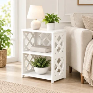 SS ARTS White Two-Tier Open Bookshelf & Side Table – 45-degree lifestyle hero