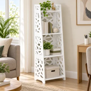 SS ARTS White Four-Tier Geometric Storage Rack – 45-degree lifestyle hero