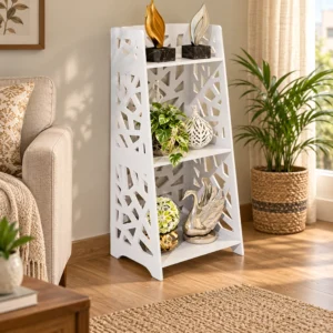 SS ARTS White Geometric Three-Tier Storage Rack – styled lifestyle view