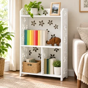 SS ARTS White Three-Compartment Storage Bookcase – 45-degree lifestyle hero
