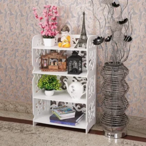 SS ARTS White Scrollwork Four-Level Display Bookcase — lifestyle