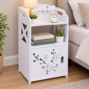 SS ARTS White Bedside Table with Door Storage – 45-degree lifestyle hero
