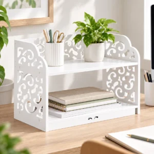 SS ARTS White Scrollwork Desktop Bookshelf Organizer — lifestyle