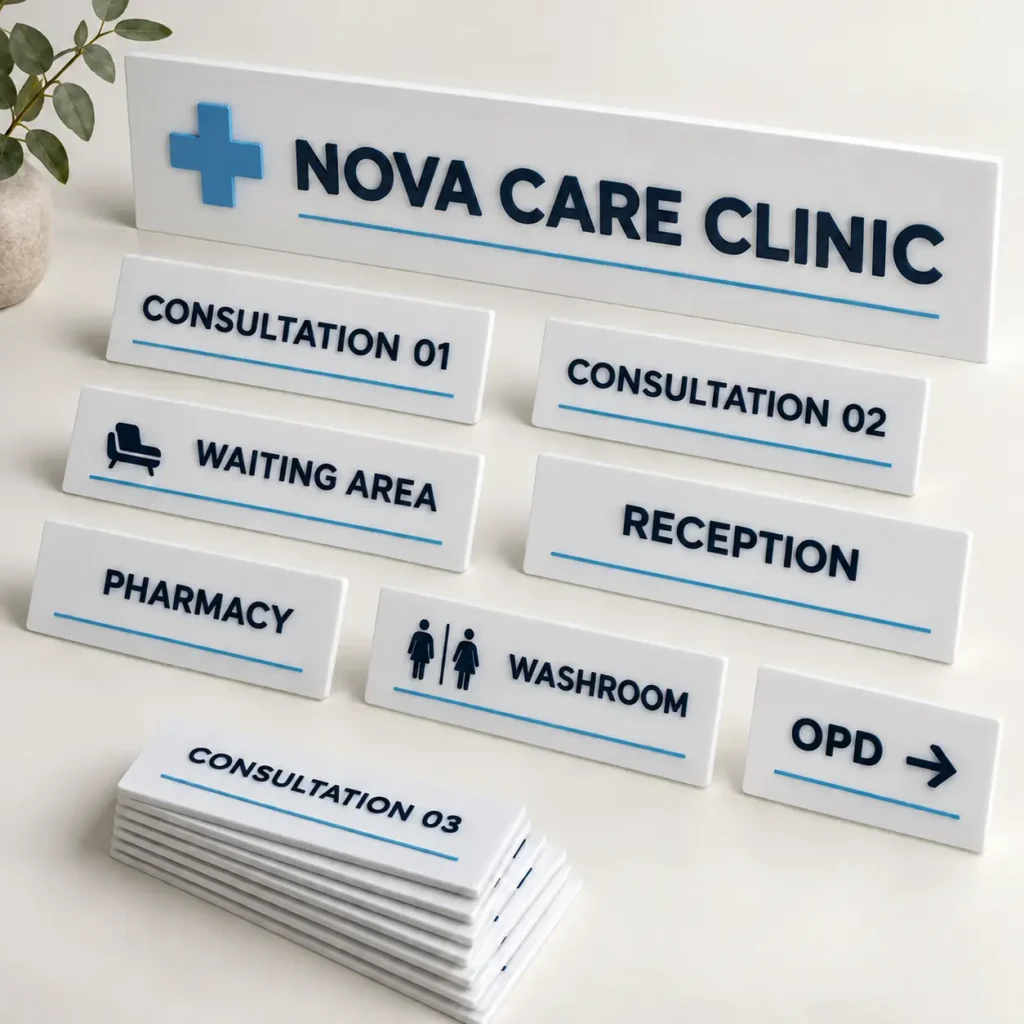 Square product mockup of a coordinated 10-room clinic signage set with separate reception and pharmacy signs
