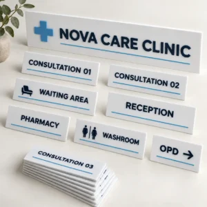 Square product mockup of a coordinated 10-room clinic signage set with separate reception and pharmacy signs