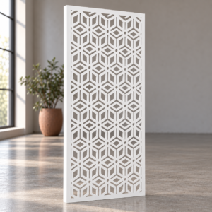 18 mm white PVC foam board geometric cube jaali with full-depth CNC router cutouts