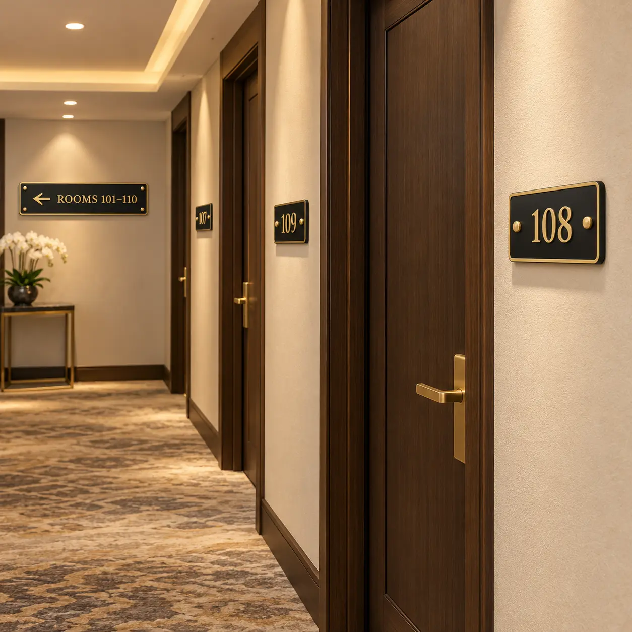 Hotel room number and directional signs installed in a corridor