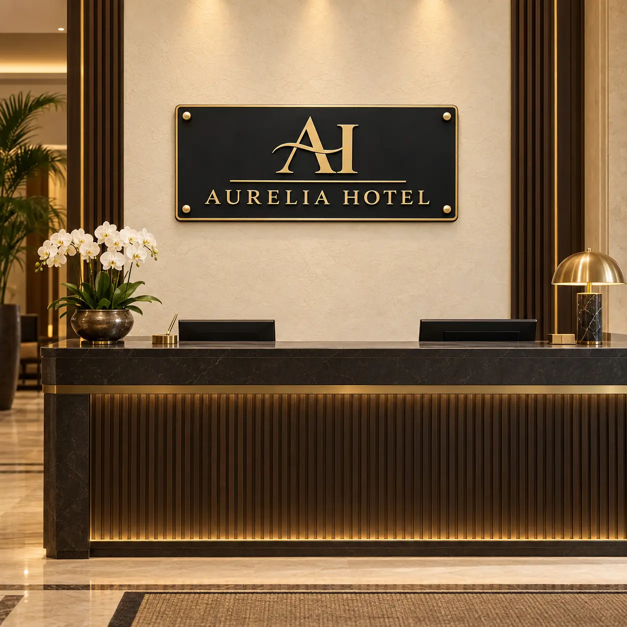 Black and brushed gold acrylic hotel reception logo sign