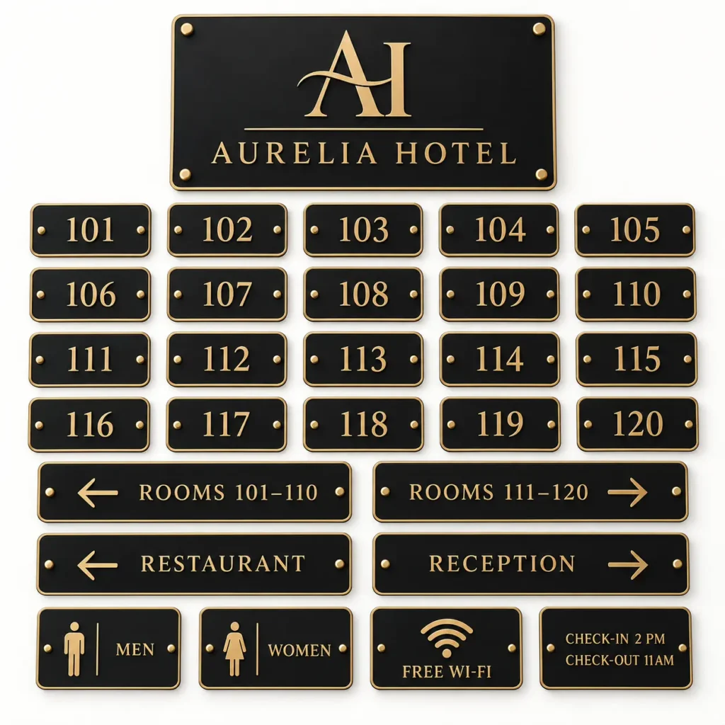 Complete 20-room hotel signage package in matte black acrylic and brushed gold ABS