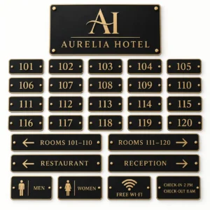 Complete 20-room hotel signage package in matte black acrylic and brushed gold ABS