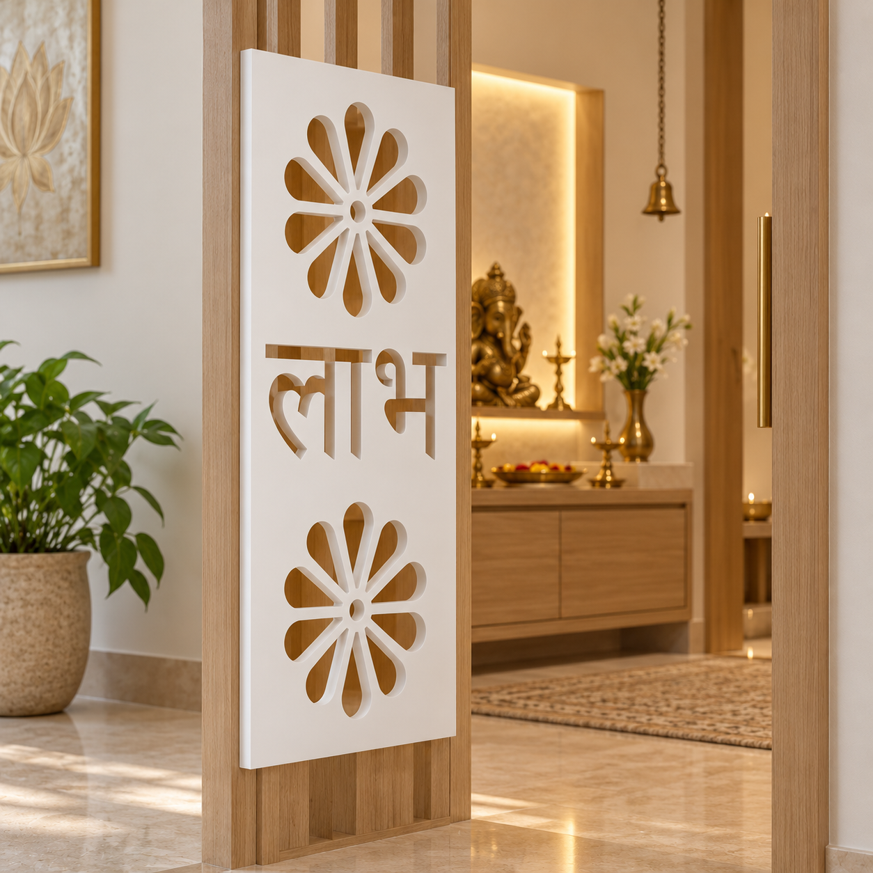 Labh floral white PVC jaali installed at a modern indoor pooja-room entrance