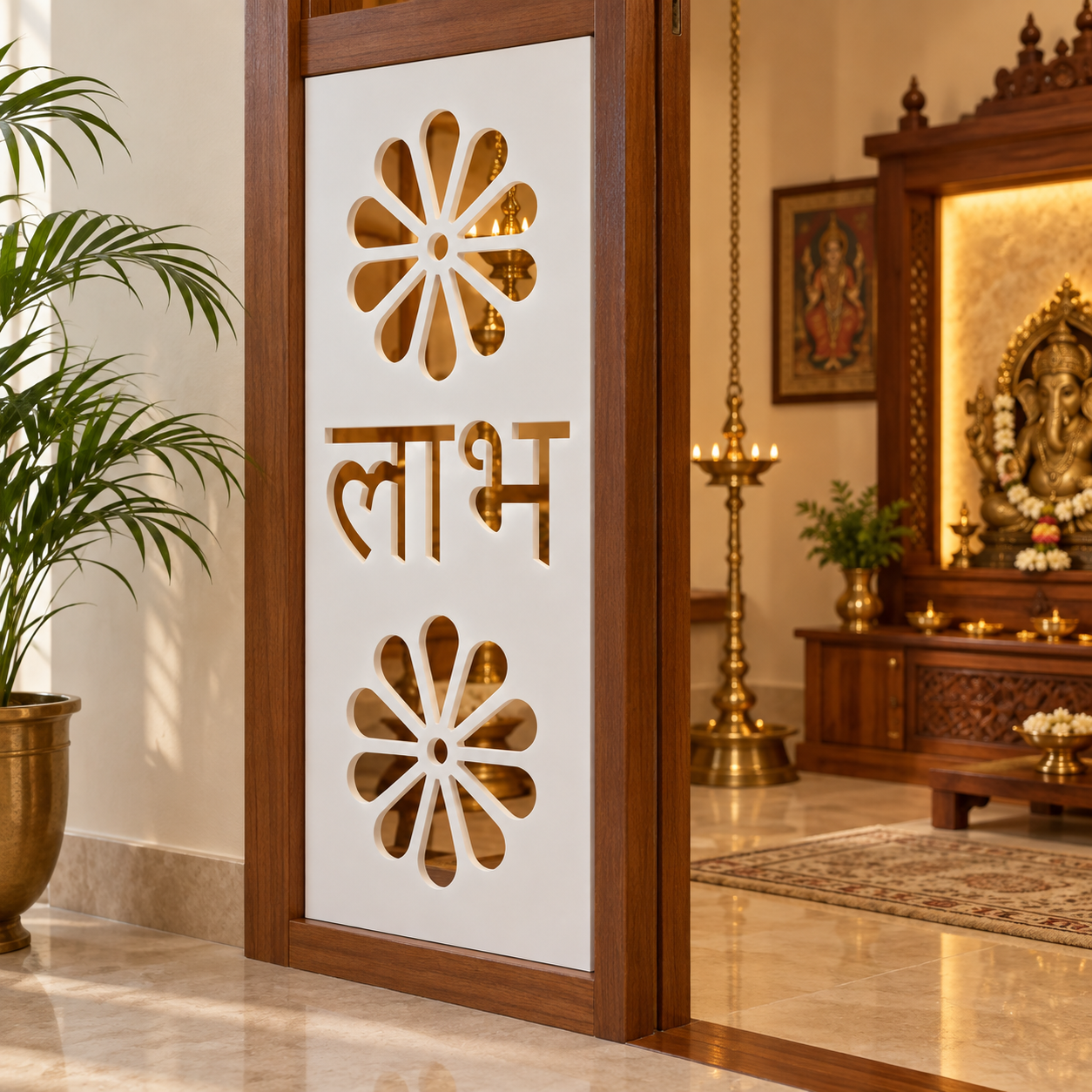 Labh floral white PVC jaali installed at a traditional indoor prayer-space entrance