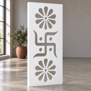 18 mm white PVC foam board Swastik floral jaali with full-depth CNC router cutouts