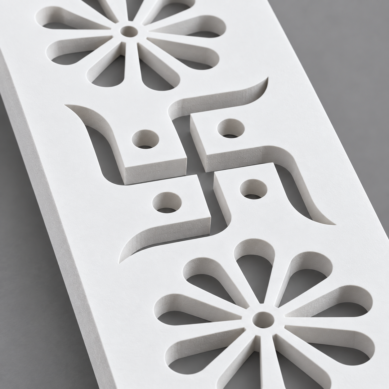 Close-up of Swastik floral PVC jaali showing CNC-cut edges and 18 mm board depth