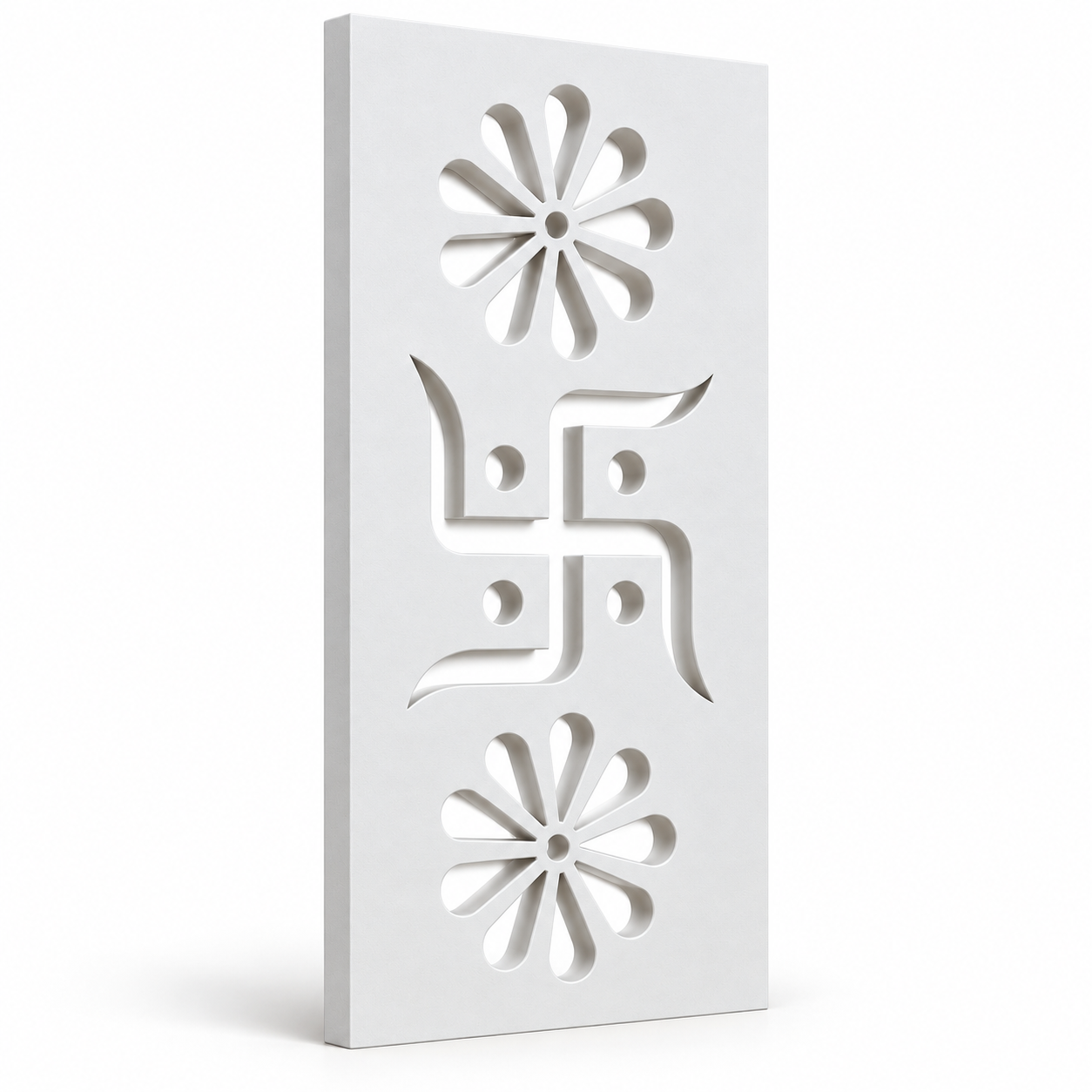45-degree view of 18 mm white Swastik floral CNC router-cut PVC jaali panel