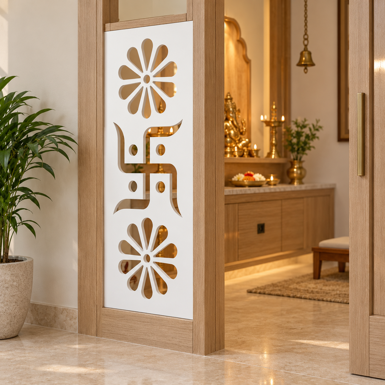 Swastik floral white PVC jaali installed at a modern indoor pooja-room entrance