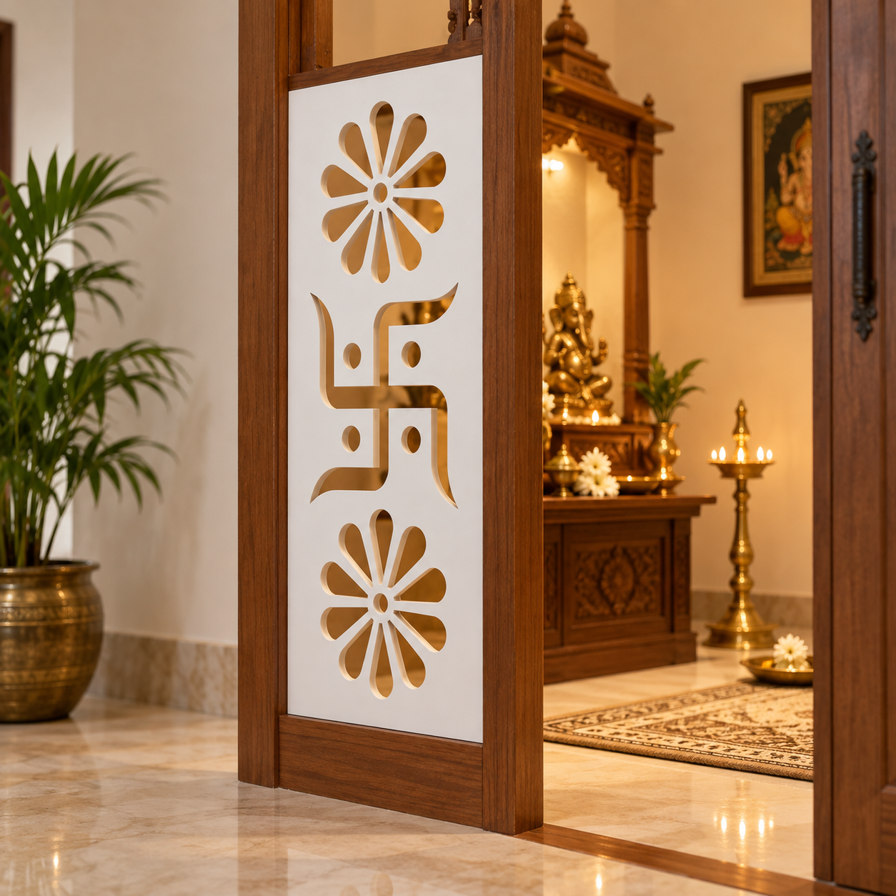 Swastik floral white PVC jaali installed at a traditional indoor prayer-space entrance